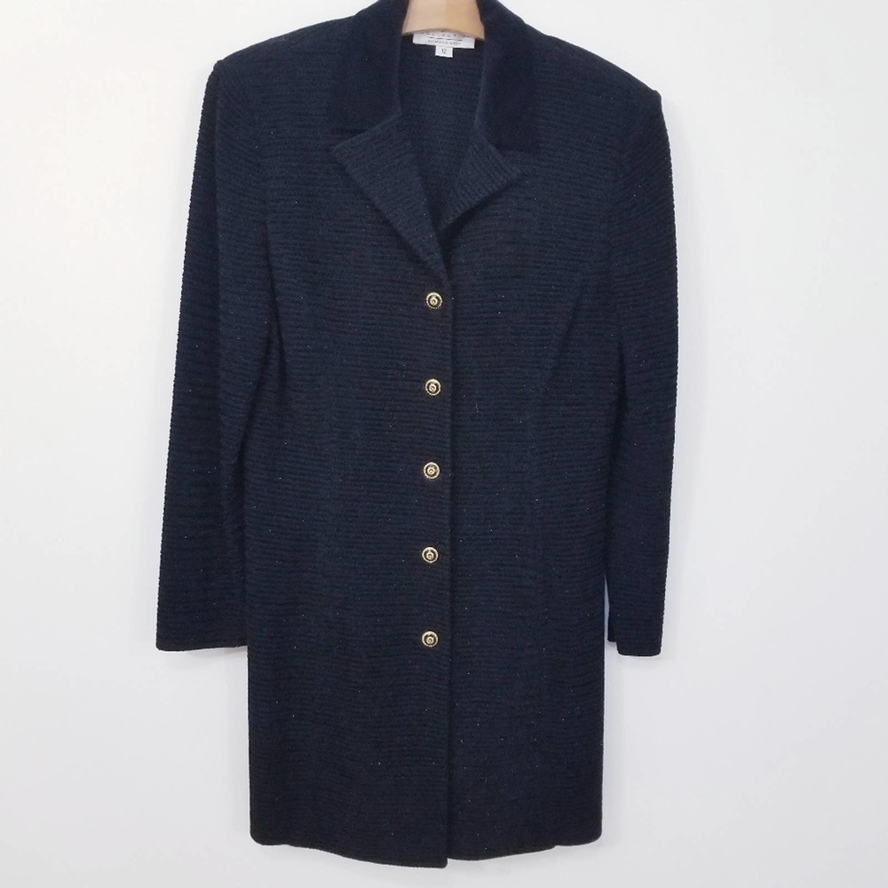 St. John Collection Black Long Knit Coat with Gold Buttons